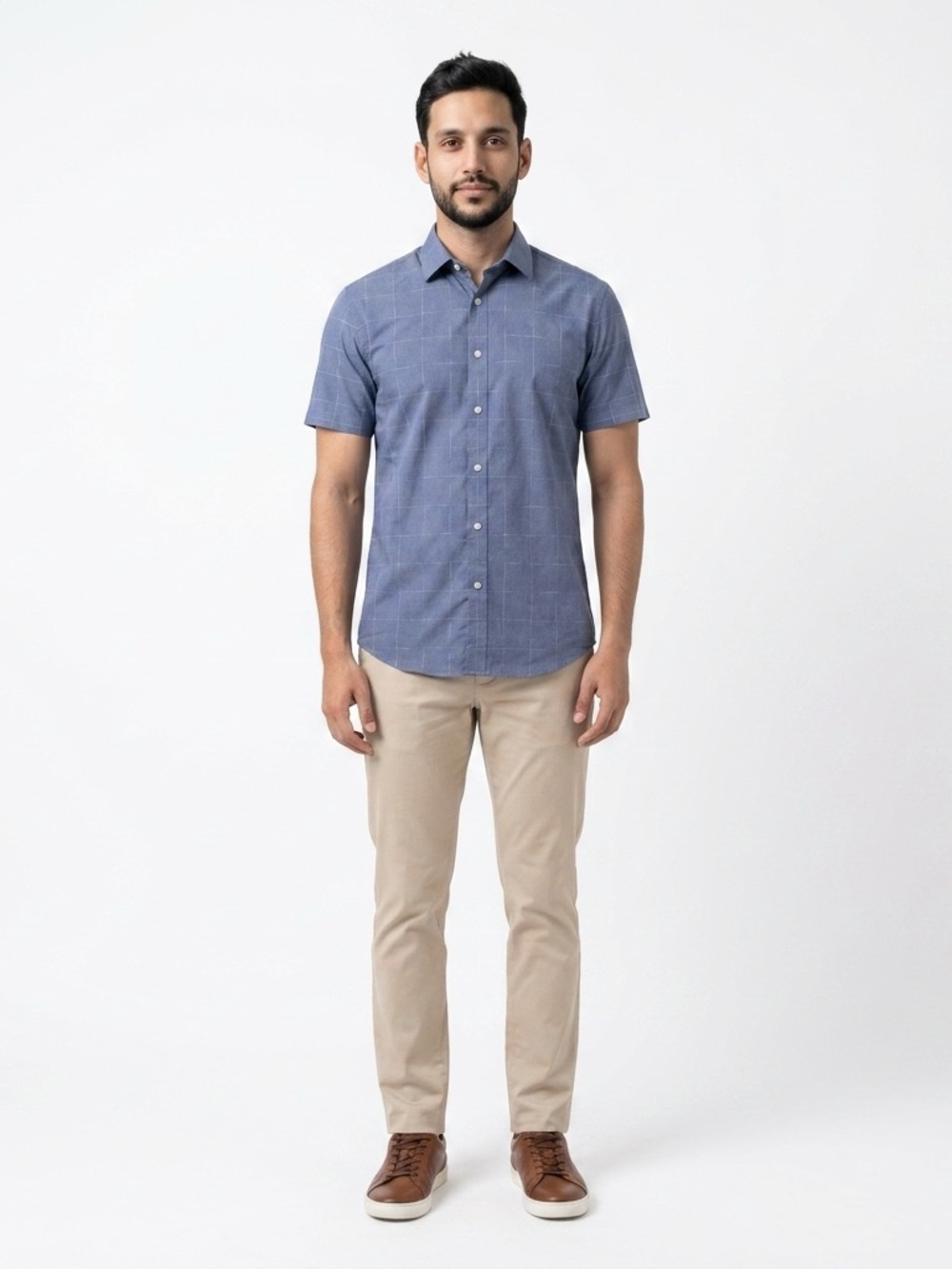 Lucky🍀Brand Tailored Fit Blue Short-Sleeve Windowpane Button-Down Dress Shirt